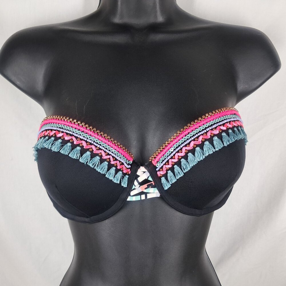 Victoria's Secret 34C Beach Bandeau Bikini Top Black Beads Tassels Swimwear